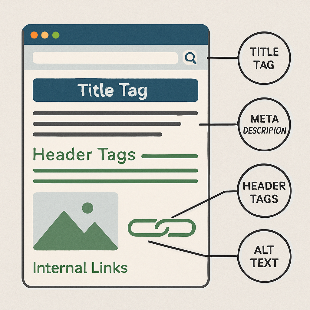 An infographic demonstrating best practices for on-page SEO elements including title tags, meta descriptions, header tags, internal linking strategies, and alt text usage.