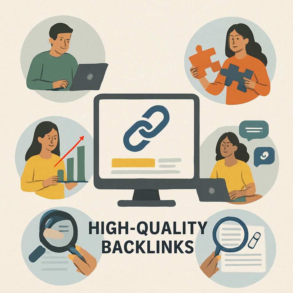 An infographic illustrating effective strategies for building high-quality backlinks including guest blogging, creating infographics, engaging in online communities, conducting original research, and leveraging broken link building.