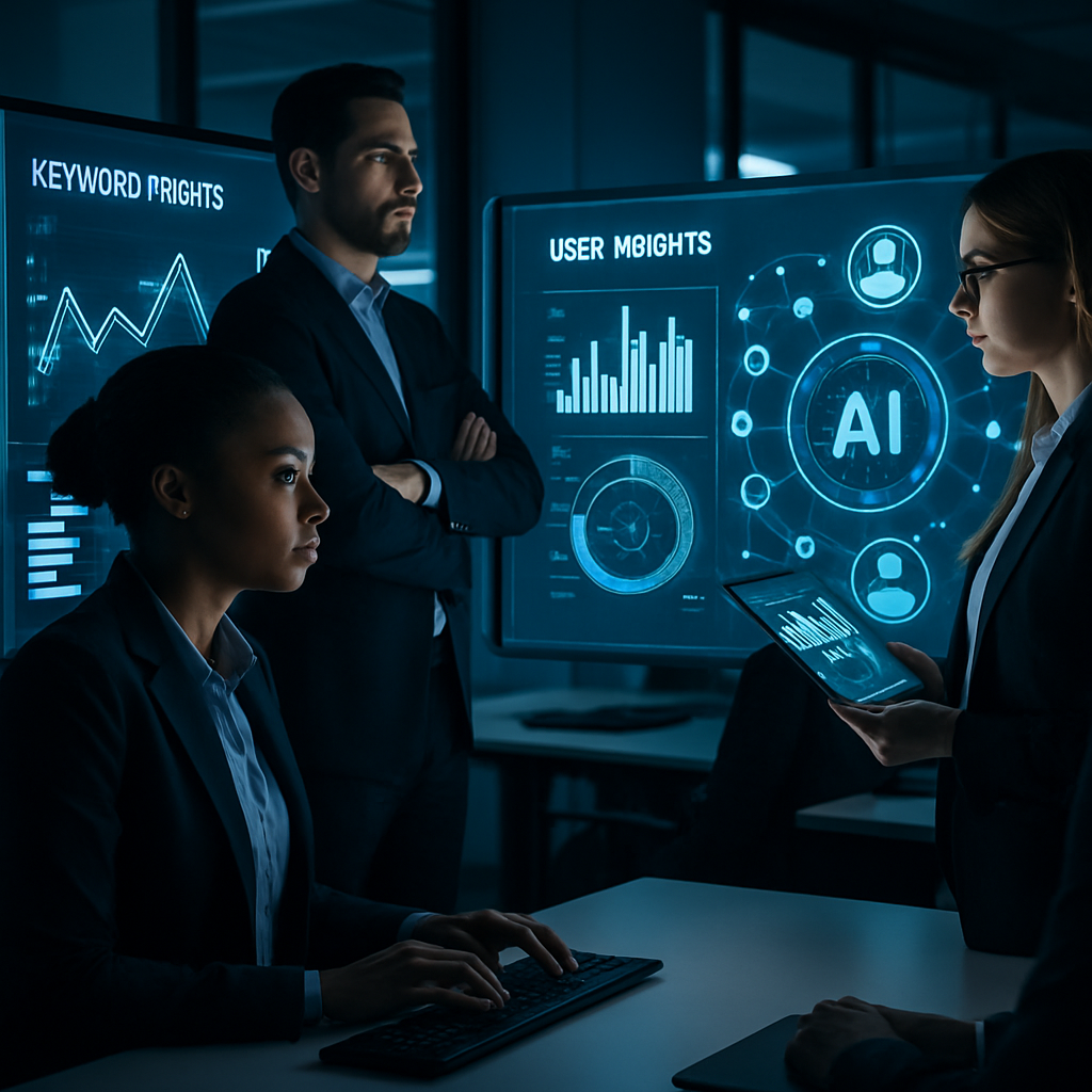 A futuristic office scene with professionals analyzing data on screens showcasing keyword trends and user intent insights powered by AI technology.