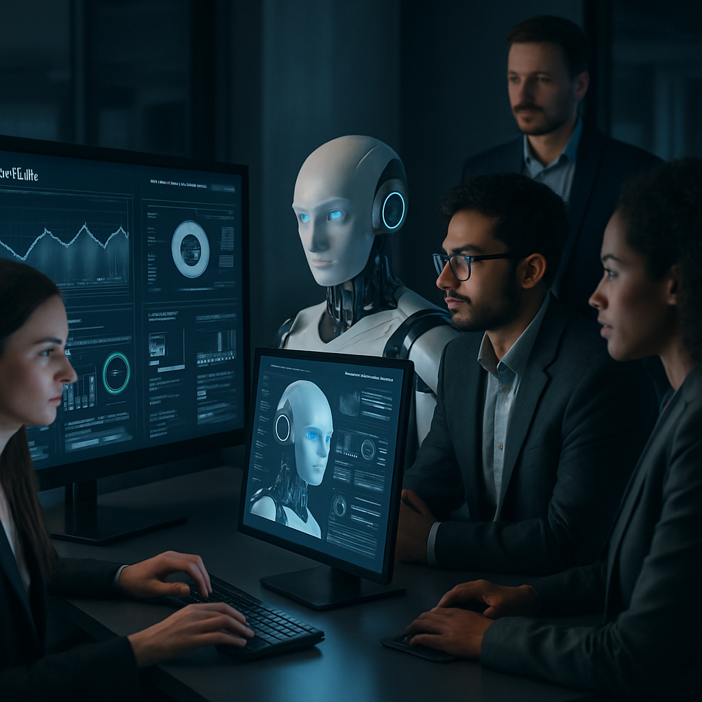 A futuristic workspace where professionals collaborate with AI-driven tools analyzing website performance metrics and technical SEO enhancements.