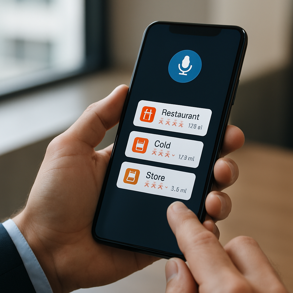 'A person using a smartphone with a virtual assistant interface displaying local business options during a voice search query.'