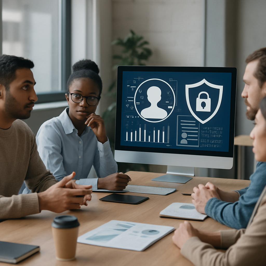 A professional workspace showing a diverse team discussing ethical considerations while analyzing user data on screens with visuals depicting privacy regulations.