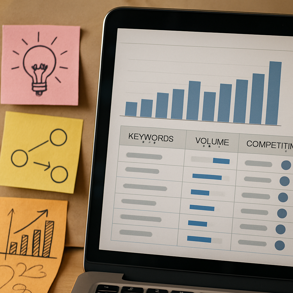 A close-up shot of a laptop screen displaying keyword research tool analytics alongside colorful sticky notes and brainstorming sketches.
