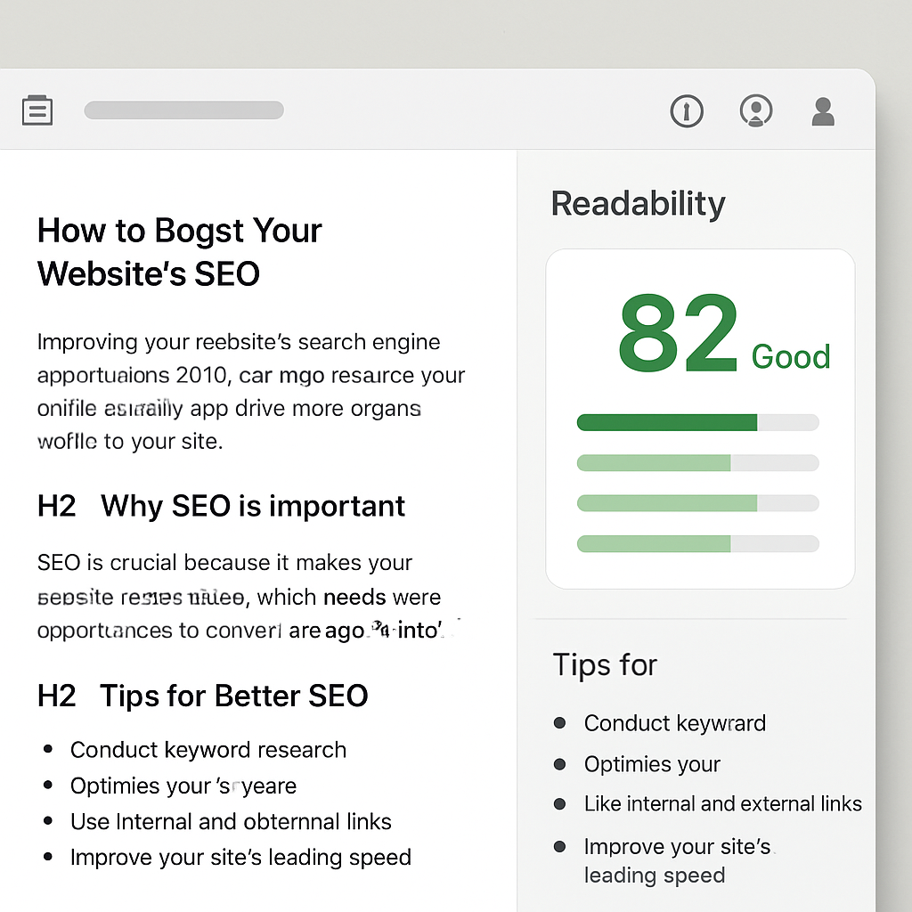 A screenshot of an SEO writing tool interface displaying readability scores alongside structured content elements like headings and bullet points.