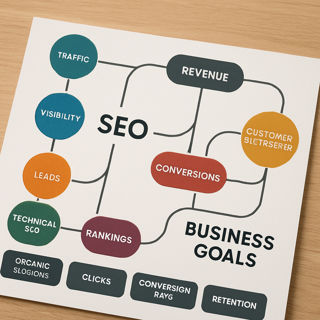 A roadmap illustrating various SEO objectives aligned with business goals, showing connections between them and highlighting key performance indicators.