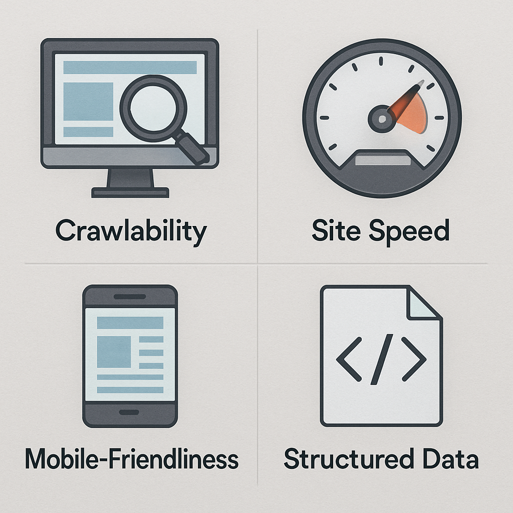 An infographic showcasing key elements of a <a href='https://ranklytics.ai/how-long-does-a-content-audit-take-a-comprehensive-guide/?query-1a7d8935-page=1'>technical SEO assessment</a> checklist including crawlability, site speed, mobile-friendliness, and structured data.
