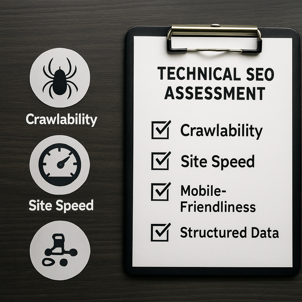 An infographic showcasing key elements of a technical SEO assessment checklist including crawlability, site speed, mobile-friendliness, and structured data.