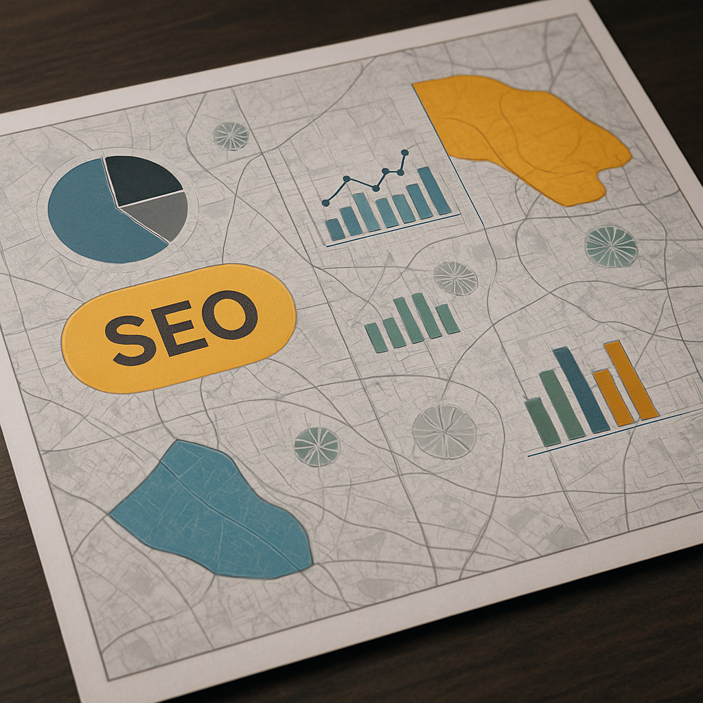 'A detailed map showing various SEO metrics with highlighted areas indicating objectives and scope', style: 'photo realistic', mood: 'professional'