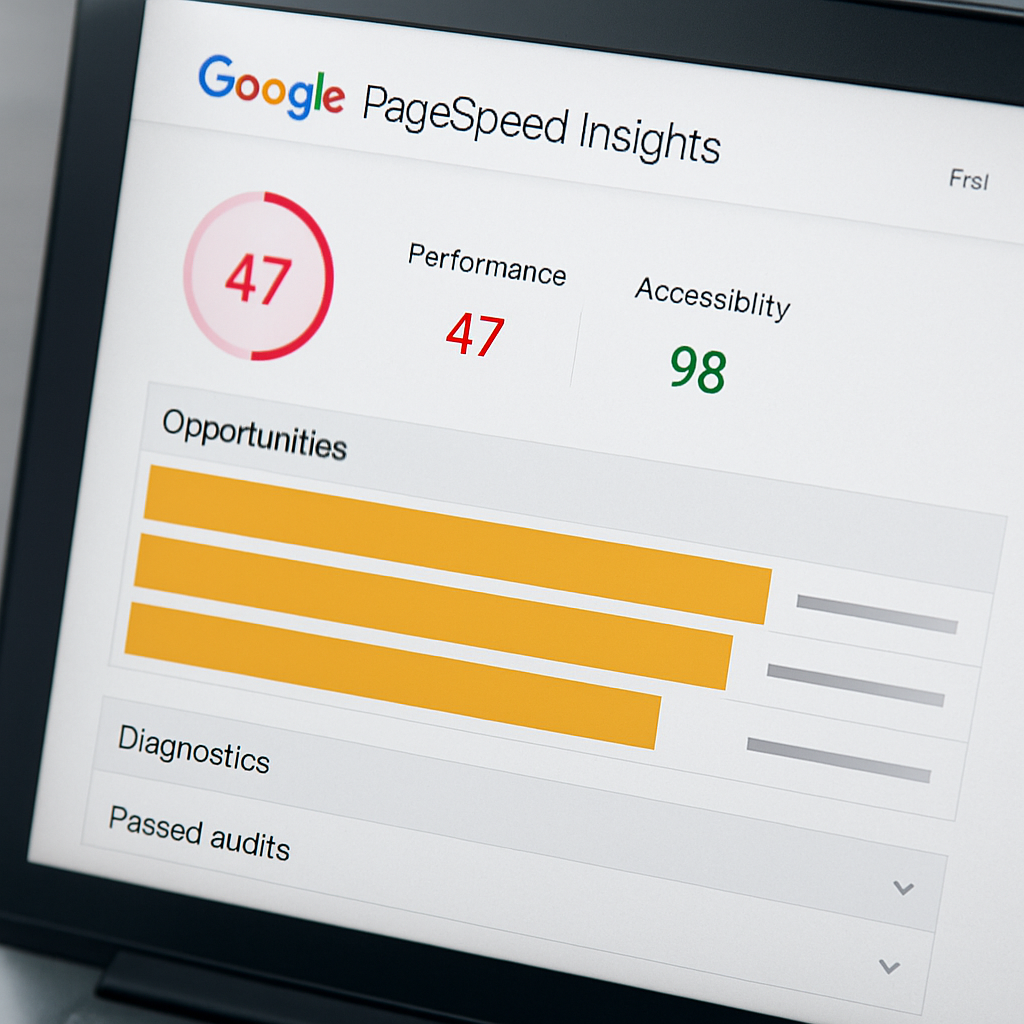 A screenshot showing Google PageSpeed Insights results with highlighted areas indicating areas for improvement in site speed.