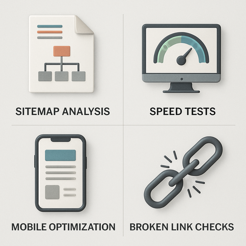 A professional looking graphic showing the components of a technical SEO audit including sitemap analysis, speed tests, <a href='https://ranklytics.ai/how-to-use-ai-to-perform-a-complete-seo-audit/?query-1a7d8935-page=9&cst='>mobile optimization</a> checks, and broken link checks.