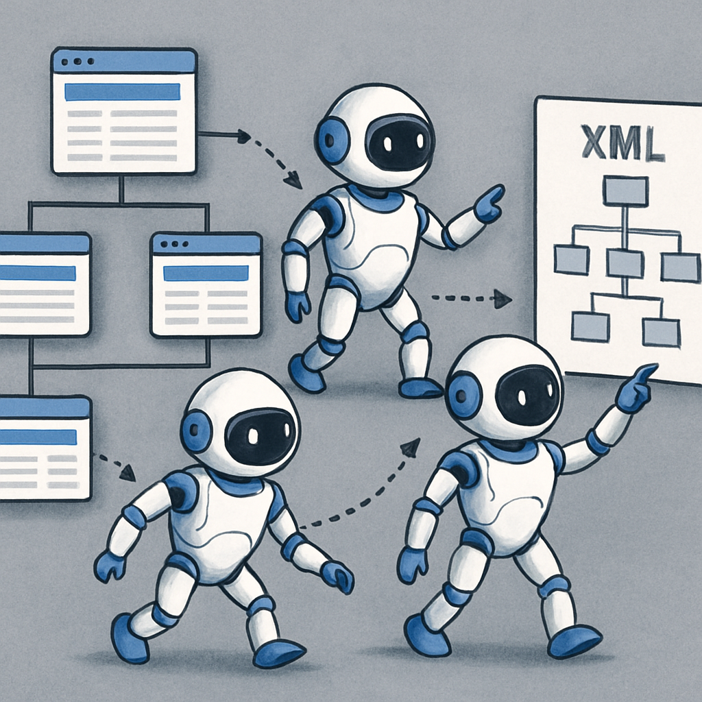 A detailed infographic illustrating the crawling process with robots navigating through a website structure alongside an XML sitemap.