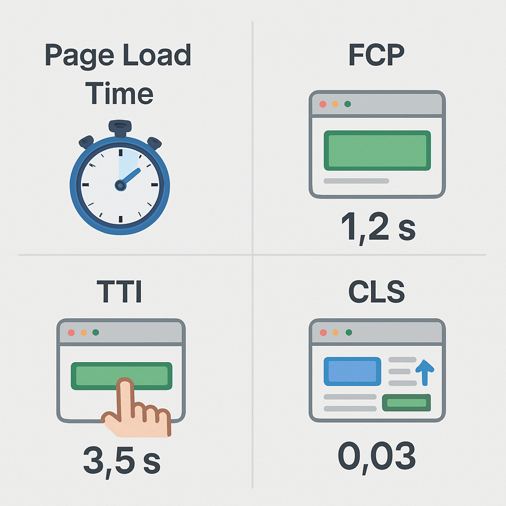 A visually engaging infographic showing key performance metrics for website speed assessment including Page Load Time, FCP, TTI, and CLS.