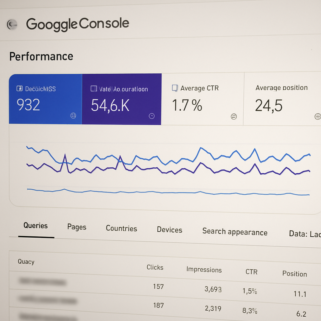 A detailed screenshot of Google Search Console showing keyword performance metrics, highlighting useful insights for optimization.