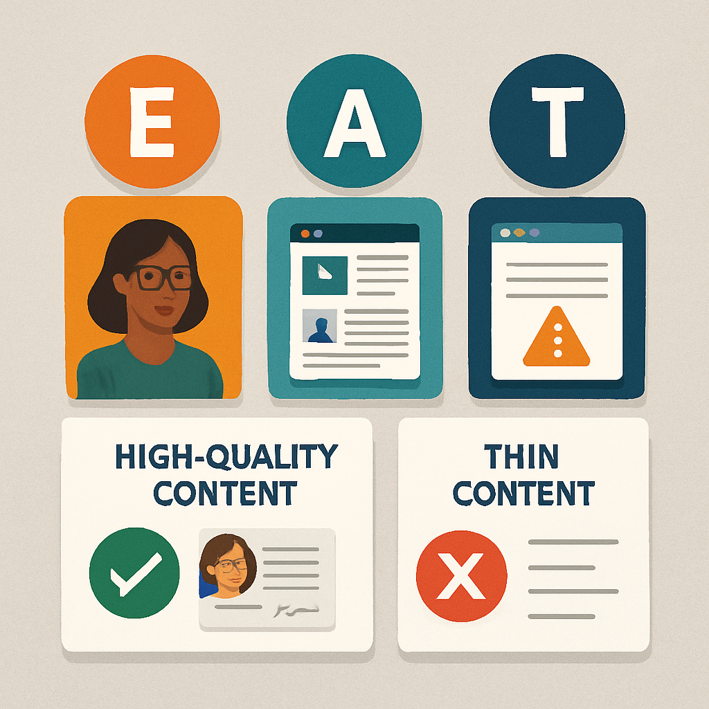 'An engaging infographic illustrating E-A-T principles with examples of high-quality versus thin content.'