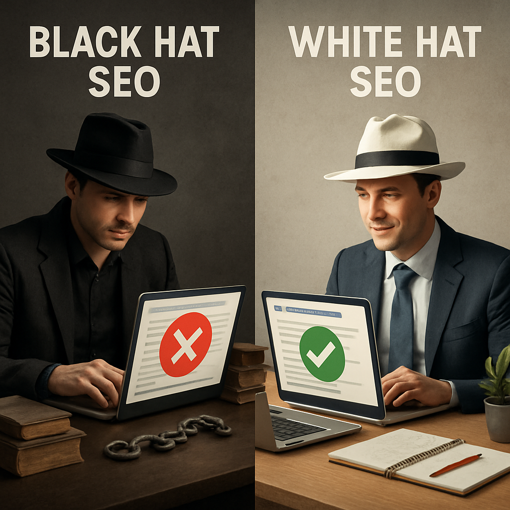 An infographic illustrating the differences between black hat and white hat SEO practices with examples.