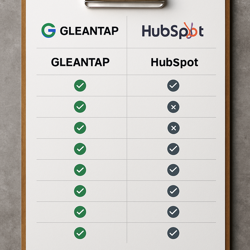 A side-by-side comparison chart illustrating core features of Gleantap and HubSpot tailored for fitness businesses.