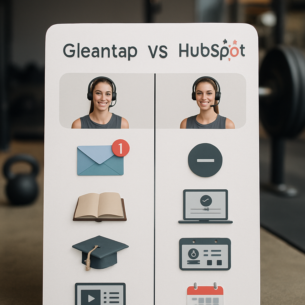 An infographic displaying key differences between customer support resources of Gleantap and HubSpot tailored for fitness businesses.