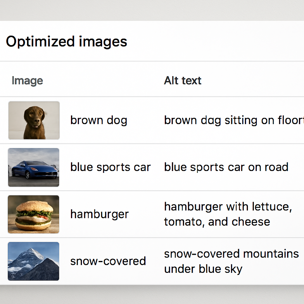 A screenshot showing an example of optimized images with alt text displayed in an SEO tool.