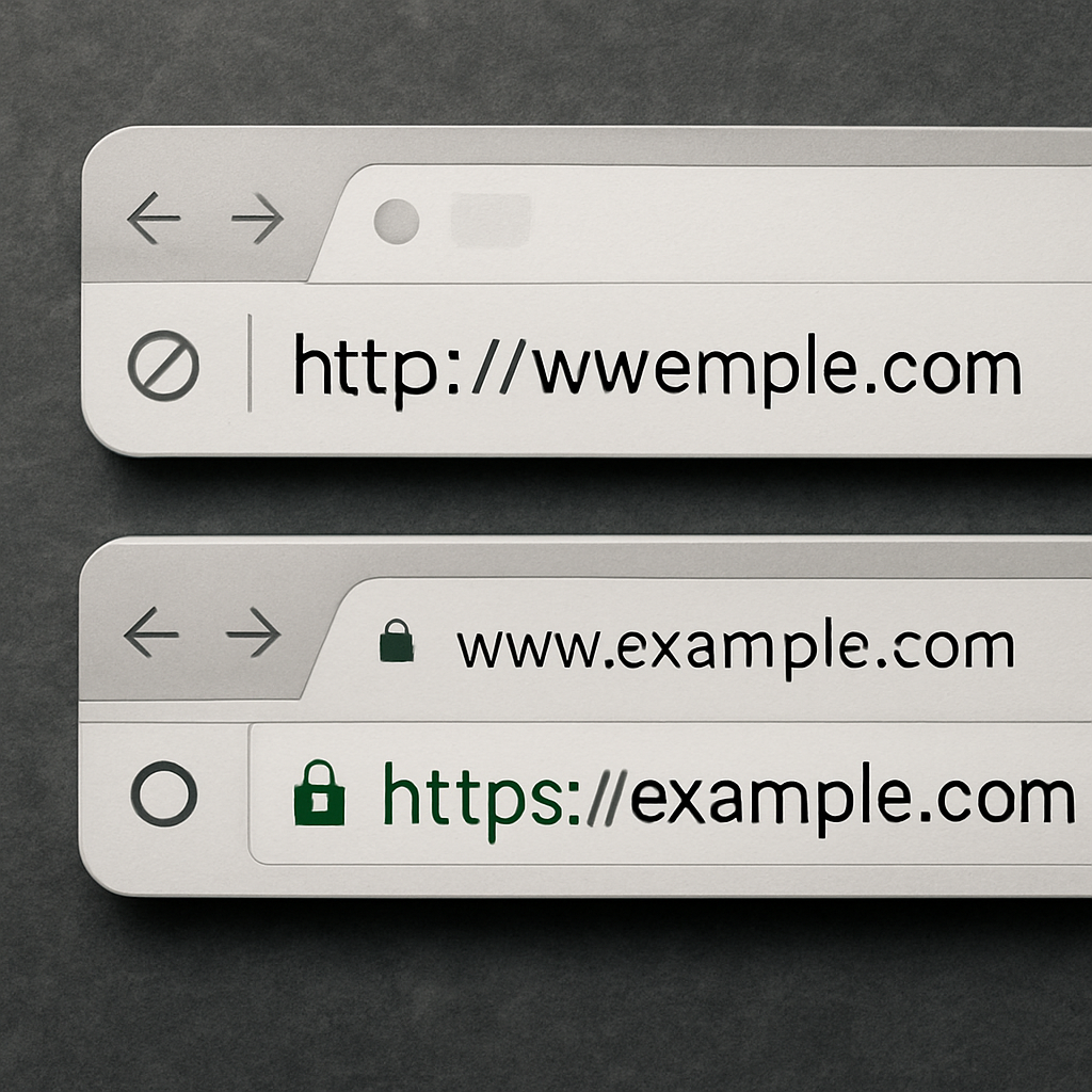 A visual representation showing the difference between HTTP and HTTPS with security features highlighted.
