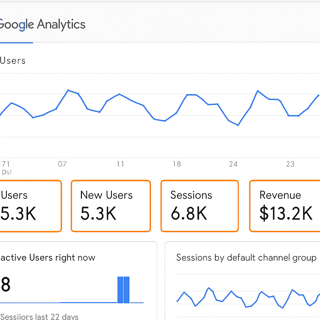 A screenshot showing Google Analytics dashboard with key performance metrics highlighted.