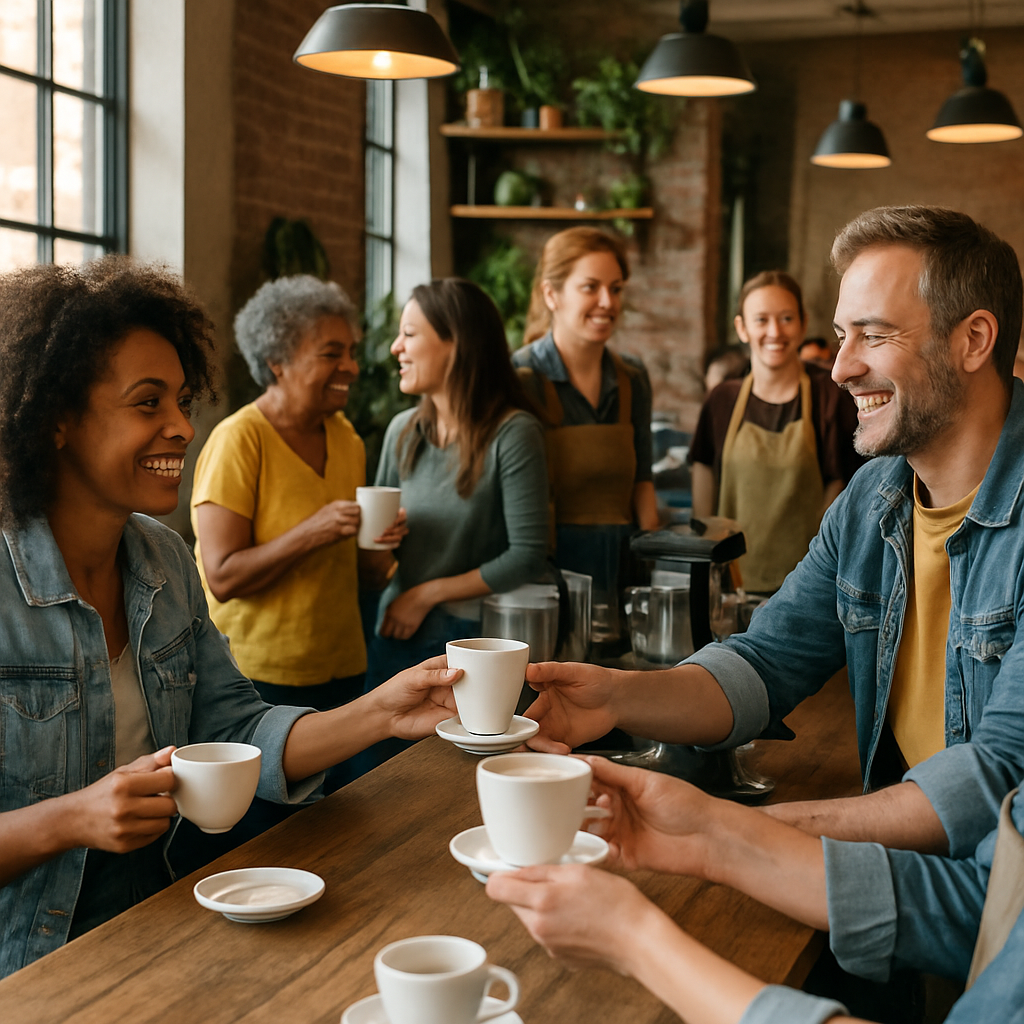 A vibrant community event at a local coffee shop featuring customers enjoying their drinks and engaging with staff.