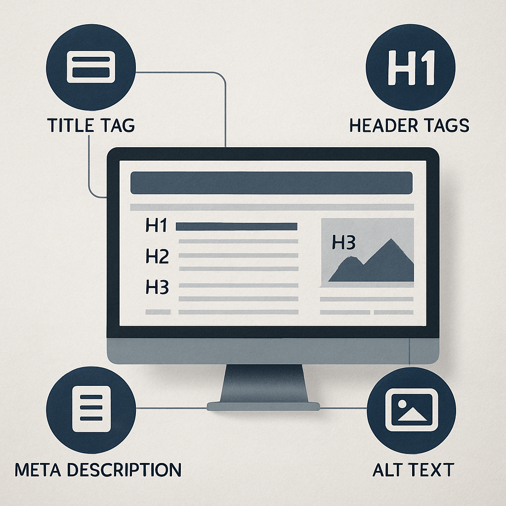 A visually engaging infographic illustrating effective <a href='https://ranklytics.ai/content-quality-audit-vs-seo-content-audit-whats-the-difference/?query-1a7d8935-page=3&cst='>on-page optimization strategies</a> including title tags, meta descriptions, header tags, and alt text usage.