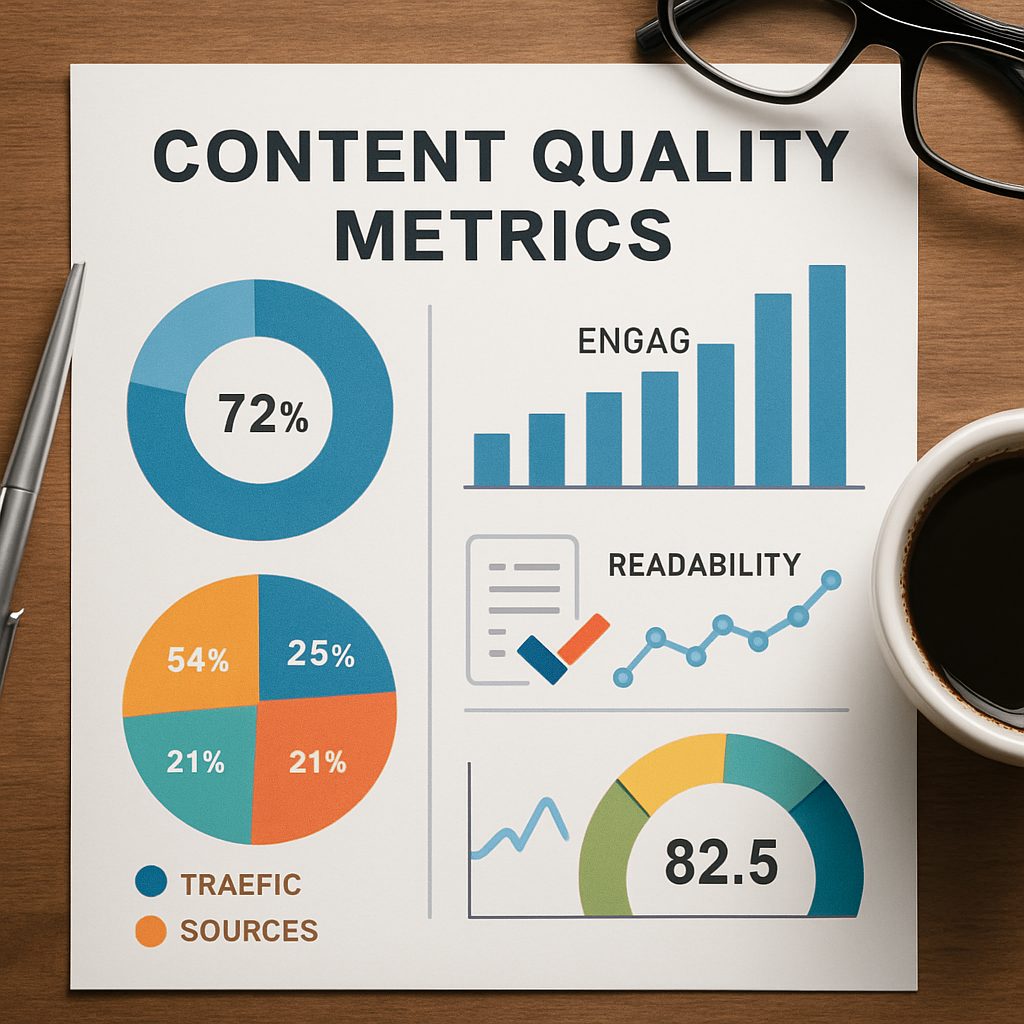 A visually engaging infographic illustrating key metrics for assessing content quality such as engagement rates and readability scores.