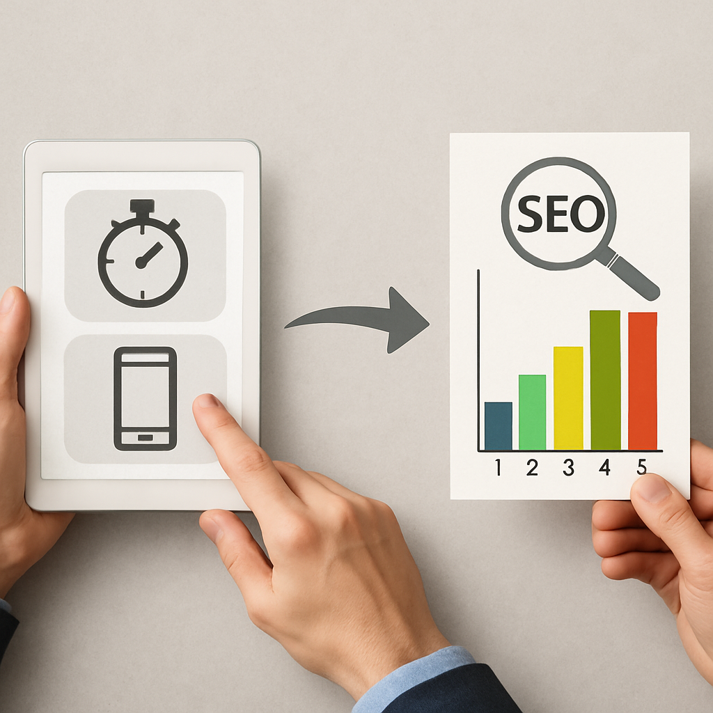 An infographic illustrating the relationship between user experience factors (like page load speed and mobile responsiveness) and their impact on SEO rankings.