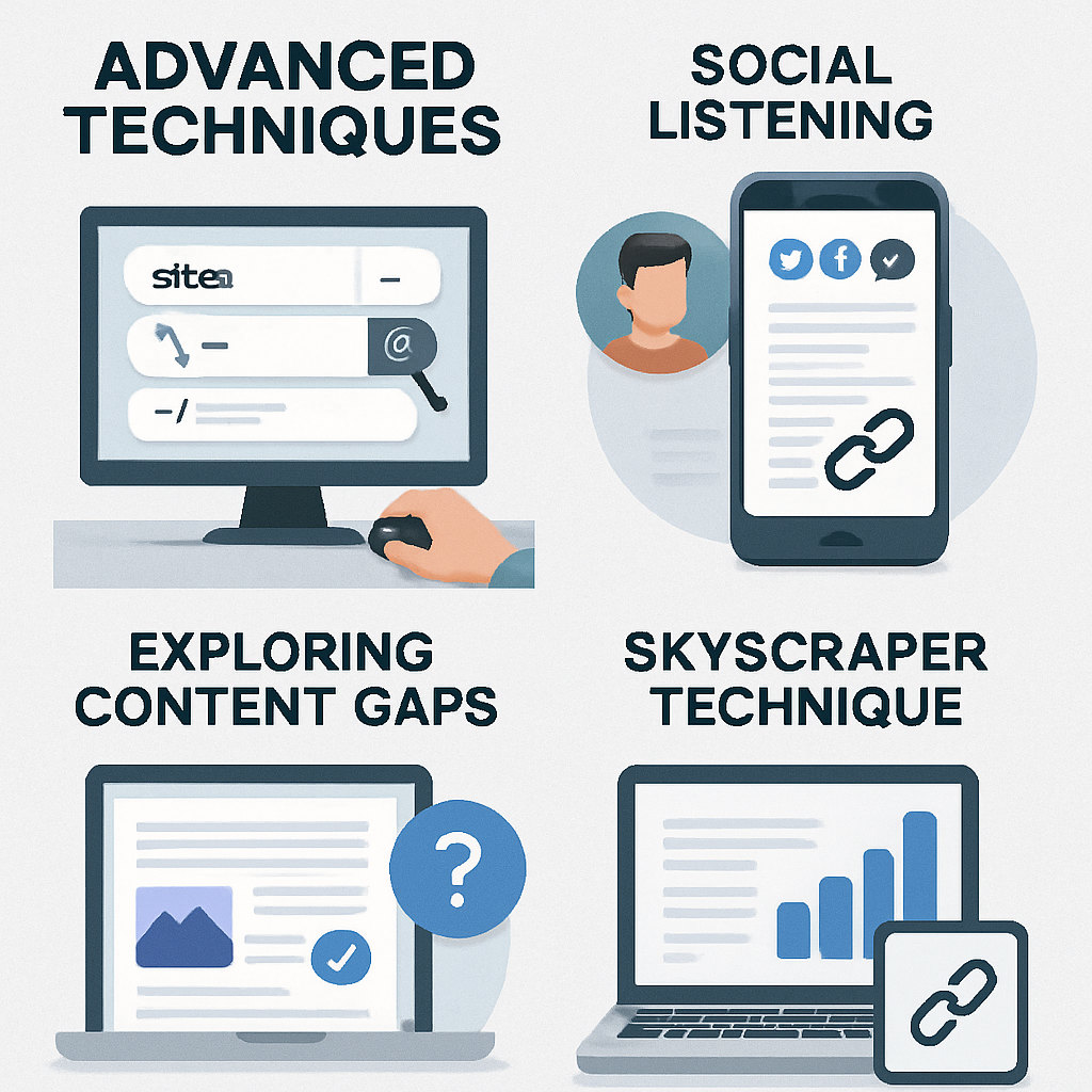 An infographic illustrating advanced techniques for backlink discovery including advanced search operators, social listening strategies, exploring content gaps, and the Skyscraper Technique.
