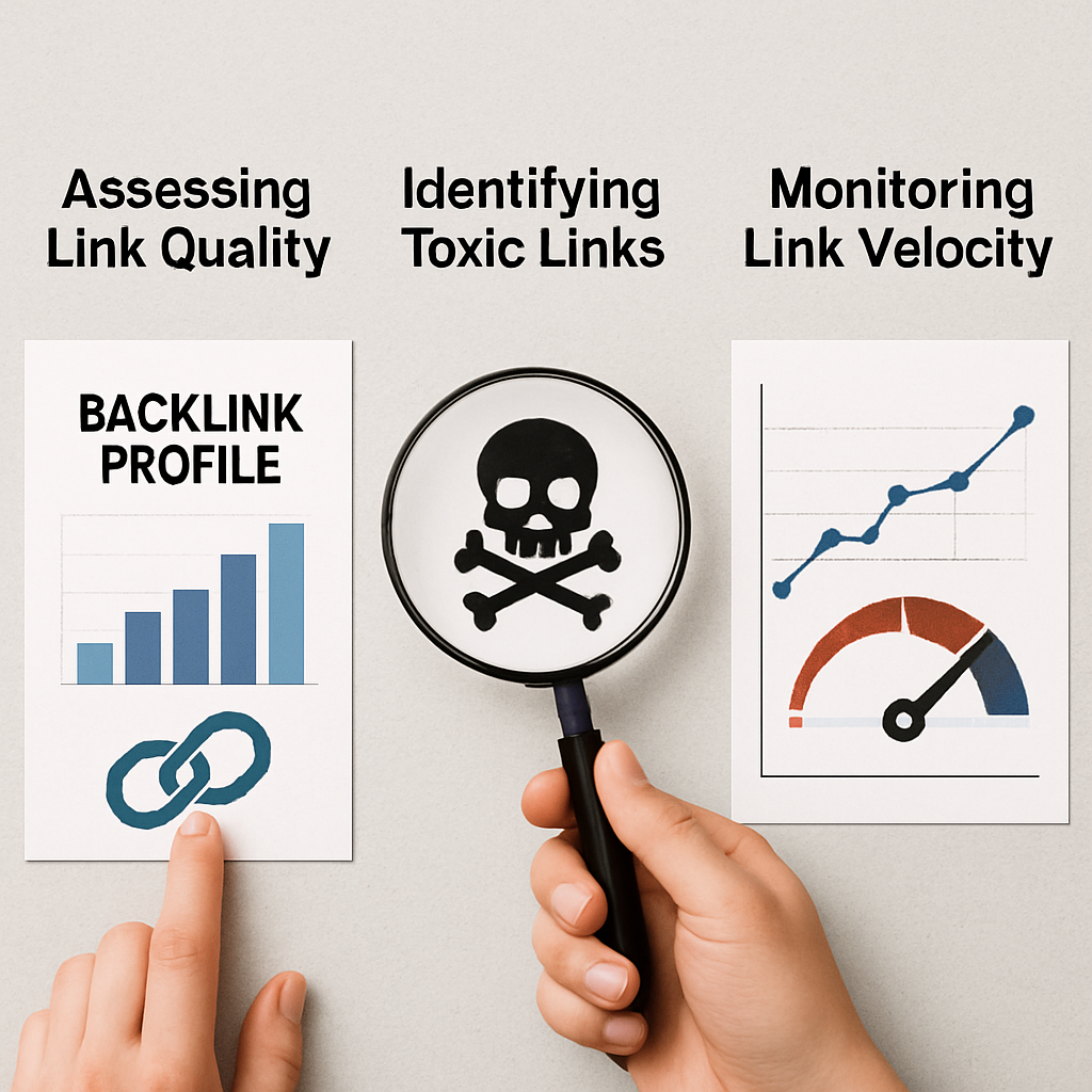An infographic illustrating how to analyze backlink profiles including assessing link quality, identifying toxic links, and monitoring link velocity.