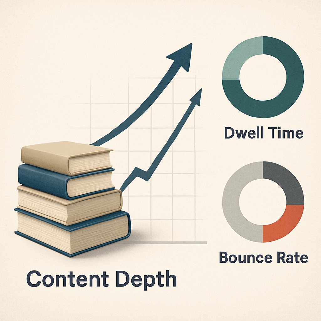 "An infographic illustrating the relationship between content depth and SEO performance metrics such as dwell time and bounce rate."