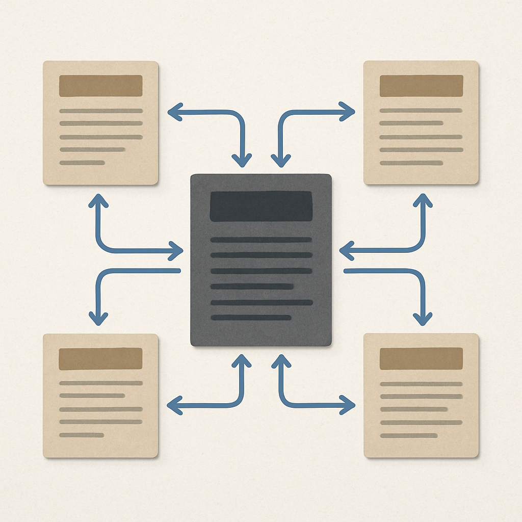 An infographic depicting a diagram of effective internal linking strategies, illustrating connections between cornerstone content and related articles.