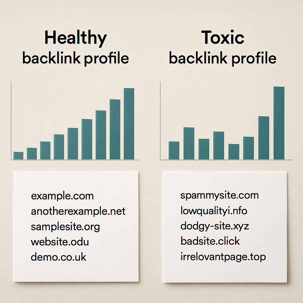 A visual representation of a healthy versus toxic backlink profile with graphs and examples.