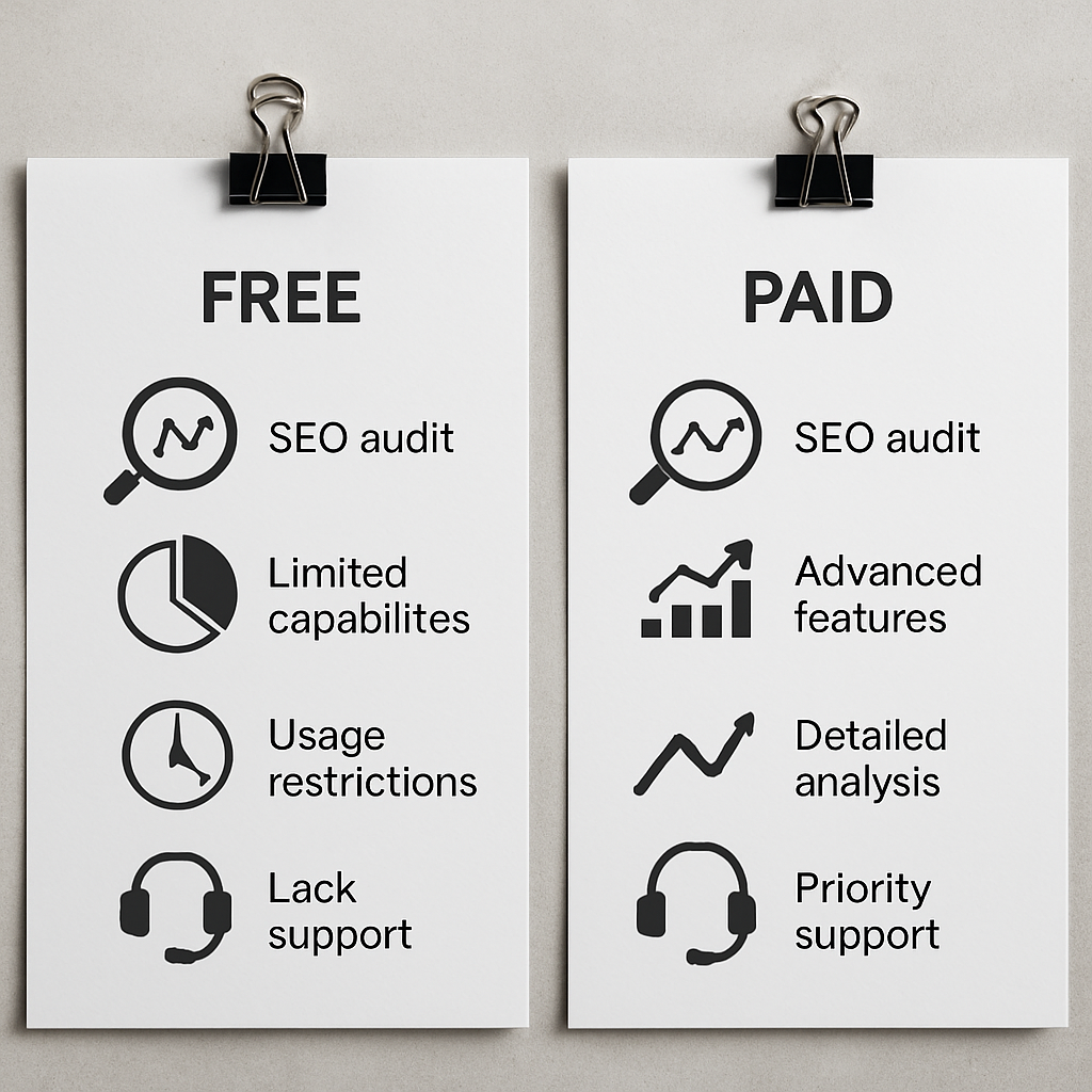 A visual representation comparing the features of free versus paid SEO audit tools with icons and clear distinctions.