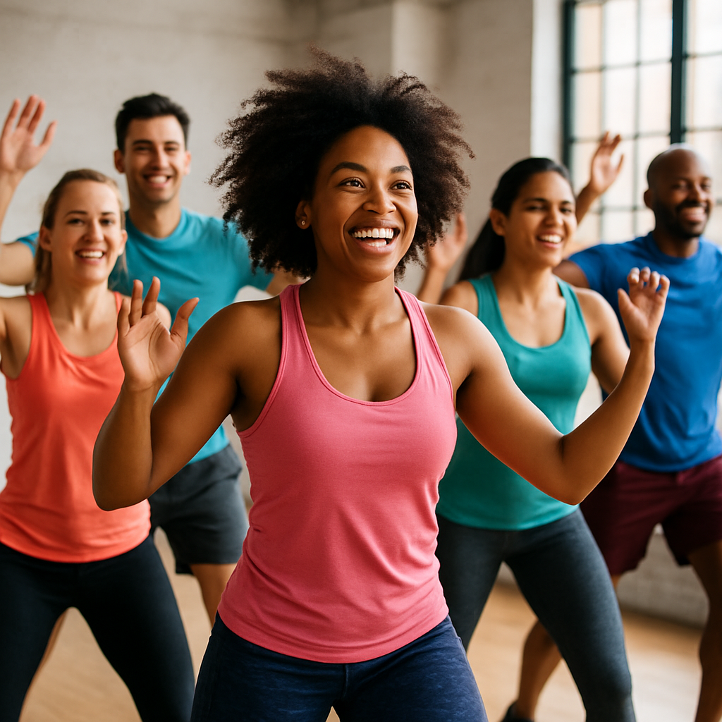 A vibrant group fitness class in action, showcasing diverse participants smiling and enjoying their workout together.