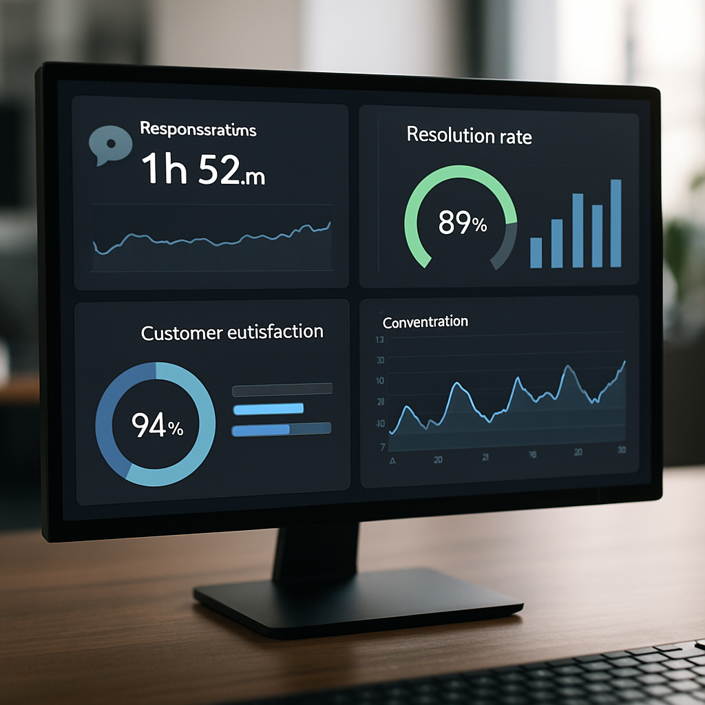 "A dashboard displaying key performance indicators for conversational CRM initiatives, showcasing metrics like response time, resolution rate, and customer satisfaction scores."