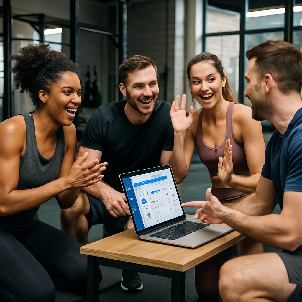 'A fitness studio team engaged in a lively training session about using conversational CRM tools, showcasing enthusiasm and collaboration.'