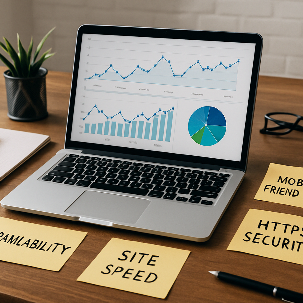 A professional-looking workspace with a laptop displaying analytics graphs, surrounded by notes on technical SEO elements such as crawlability, site speed, mobile-friendliness, and HTTPS security.