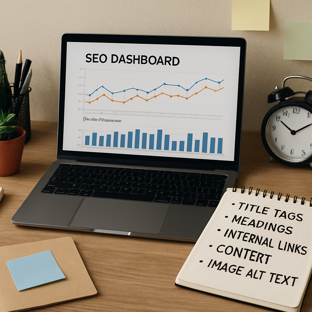 A creative workspace featuring a laptop displaying an SEO dashboard with graphs analyzing keyword performance, alongside notes highlighting best practices for on-page SEO optimization.