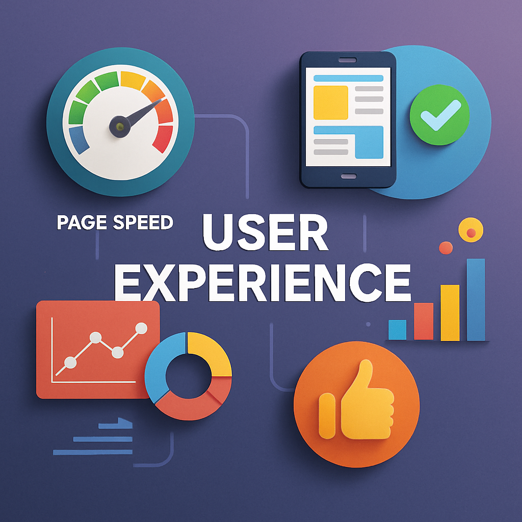 A vibrant infographic illustrating key user experience factors like page speed and mobile responsiveness alongside engaging visuals such as charts or icons.
