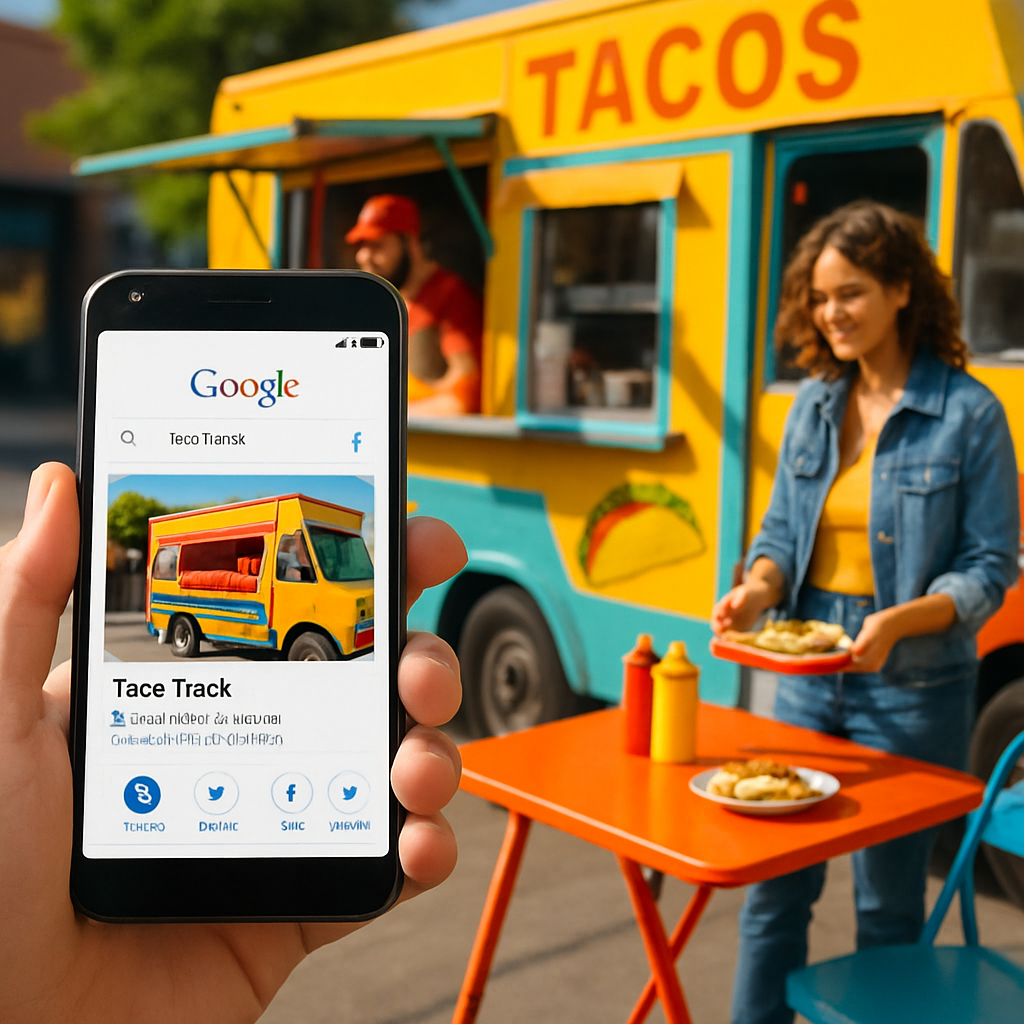 A dynamic image showcasing a Google My Business listing on a smartphone screen alongside an engaging taco truck scene with vibrant colors.