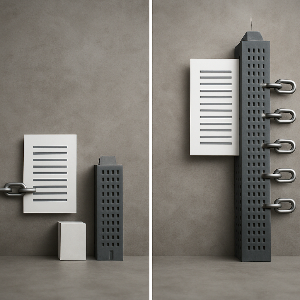 A visual representation of the Skyscraper Technique showing before and after scenarios of content improvement leading to better backlink opportunities.