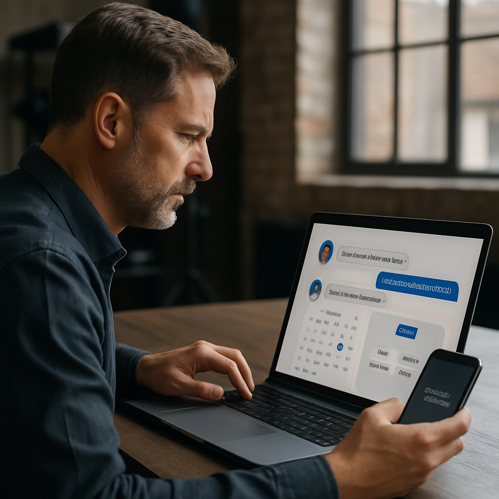 Photo realistic image of a studio owner reviewing an AI chatbot booking flow on a laptop with calendar availability visible and SMS confirmation preview on a phone, professional mood