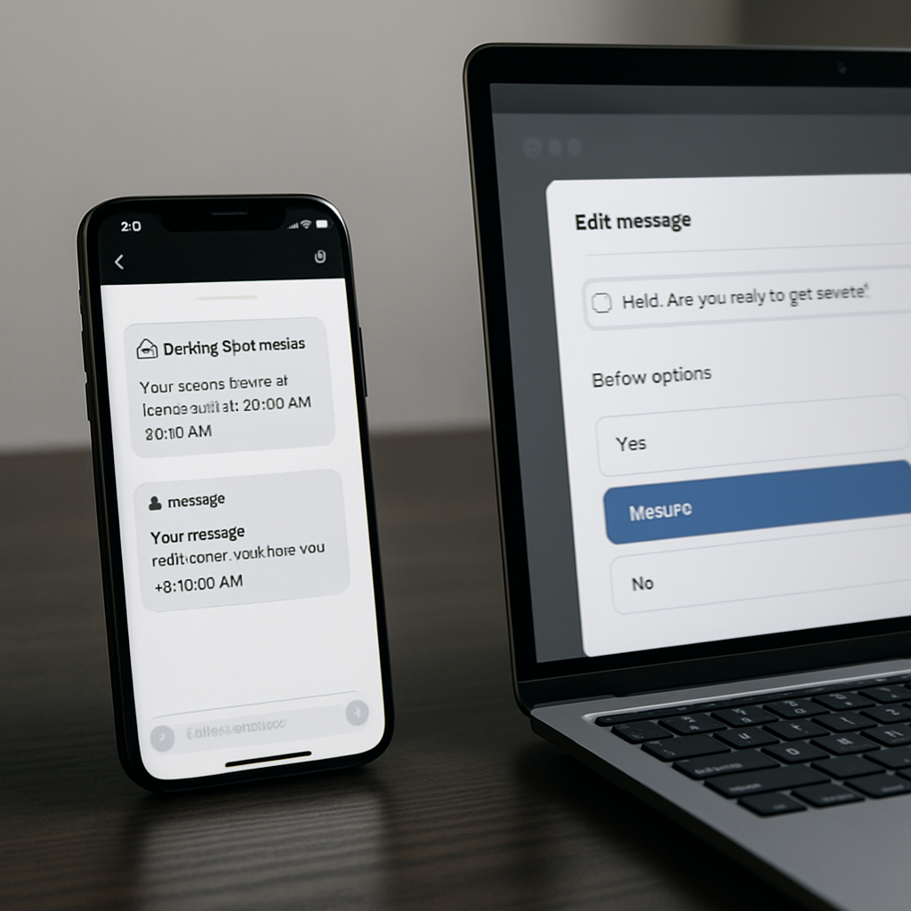 Photo realistic image of a chat interface on a mobile phone showing a booking confirmation and SMS reminder preview, plus a laptop with the chatbot editor open displaying button options, professional mood