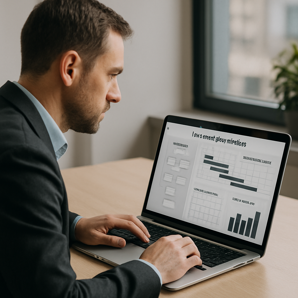 Photo realistic image of an operations manager looking at a two-week pilot timeline on a laptop screen with chatbot flow, calendar availability, and SMS test results visible; professional analytical mood