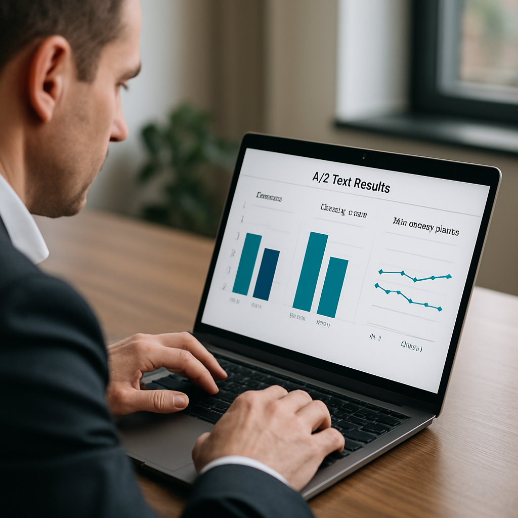 Photo realistic image of a product manager reviewing A/B test results for chatbot booking flows on a laptop with graphs showing session conversion, booking write success, and SMS delivery status; professional analytical mood