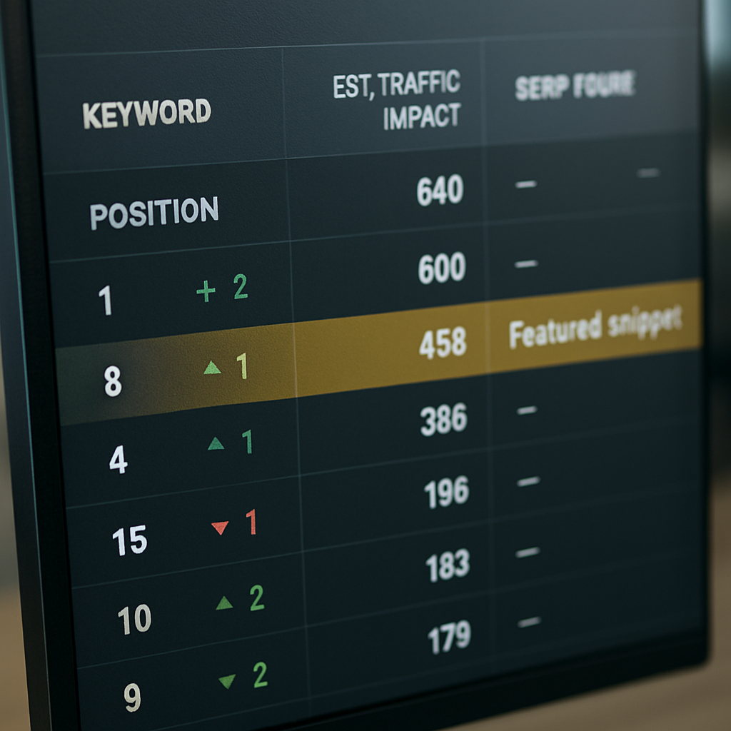 Close up of a dashboard screen showing keyword positions, estimated traffic impact, and a highlighted serp feature change; professional, analytical, photo realistic