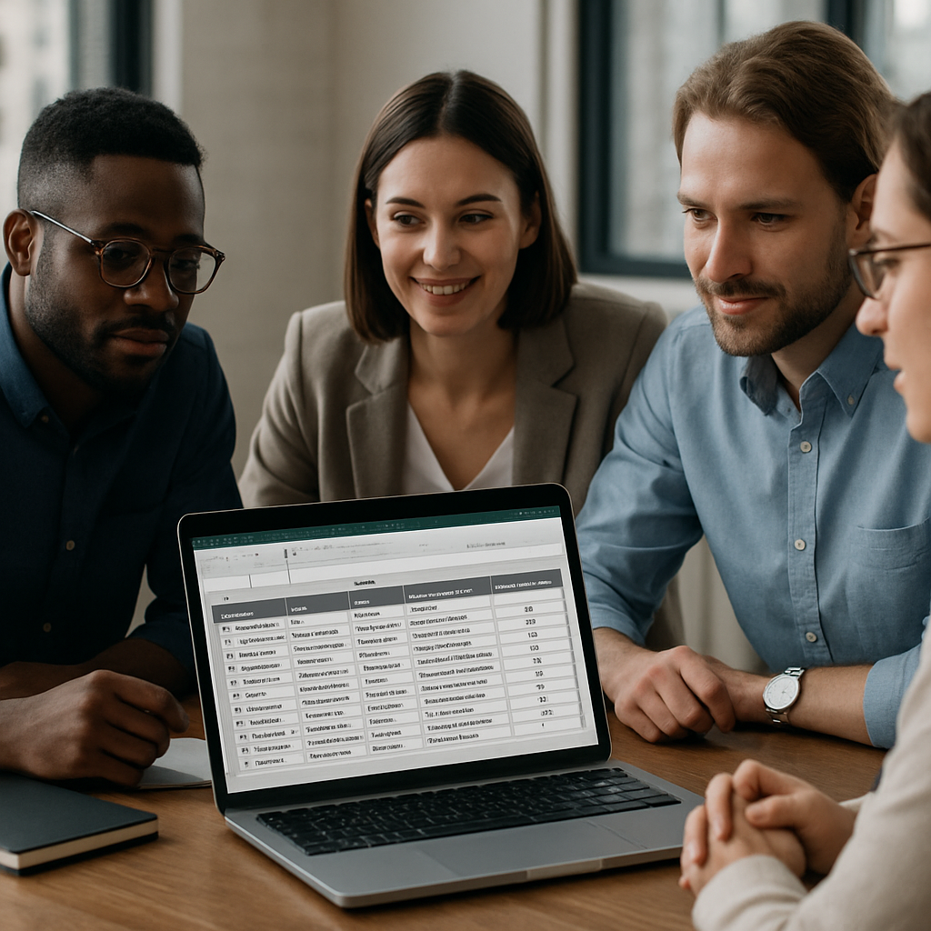 Professional, photo realistic shot of a content team around a laptop building a goals-to-intent table on a spreadsheet, with visible columns Goal, KPI, Intent, Example keywords, Priority weight