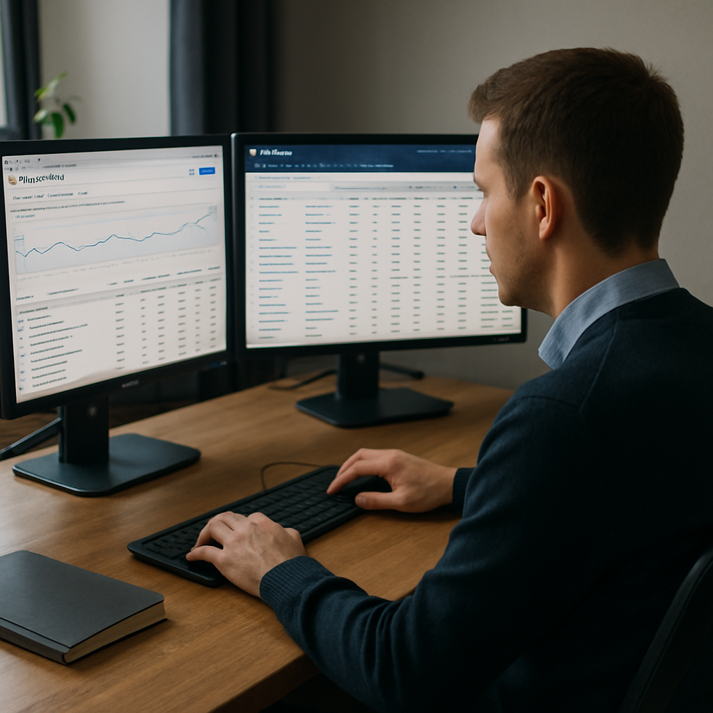 Photo realistic image of an SEO analyst at a desk with multiple browser tabs open showing Google Keyword Planner, Ahrefs results, and a spreadsheet named Master Seed Sheet, professional workspace, analytical mood
