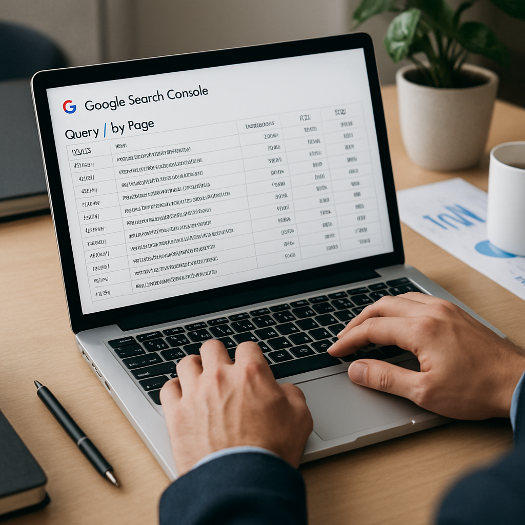 Photo realistic image of an analyst exporting Google Search Console Query by Page report on a laptop, spreadsheet visible showing Query, Page, Impressions, CTR columns, professional analytical mood